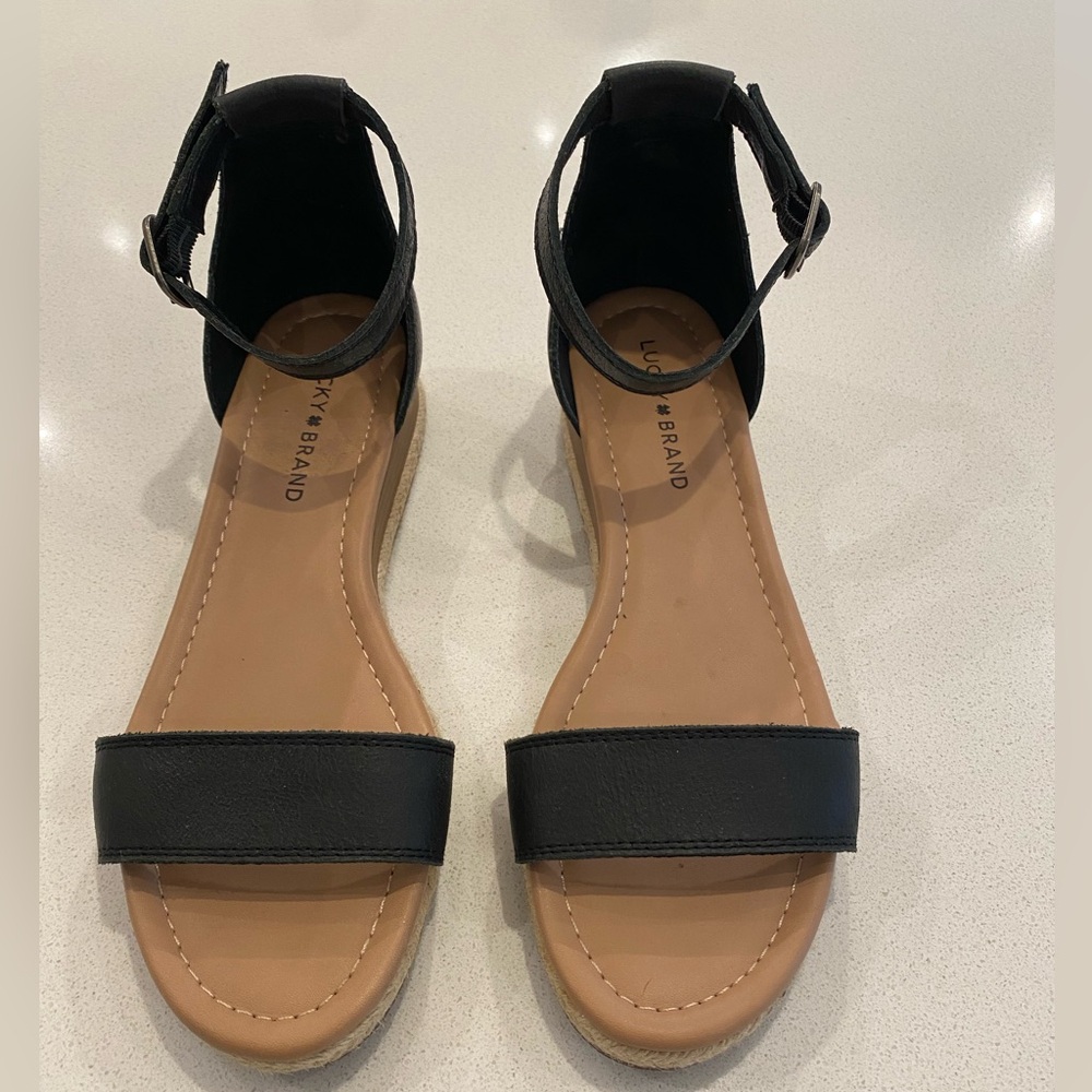 Lucky Brand Black and Tan Ankle-Strap Sandals